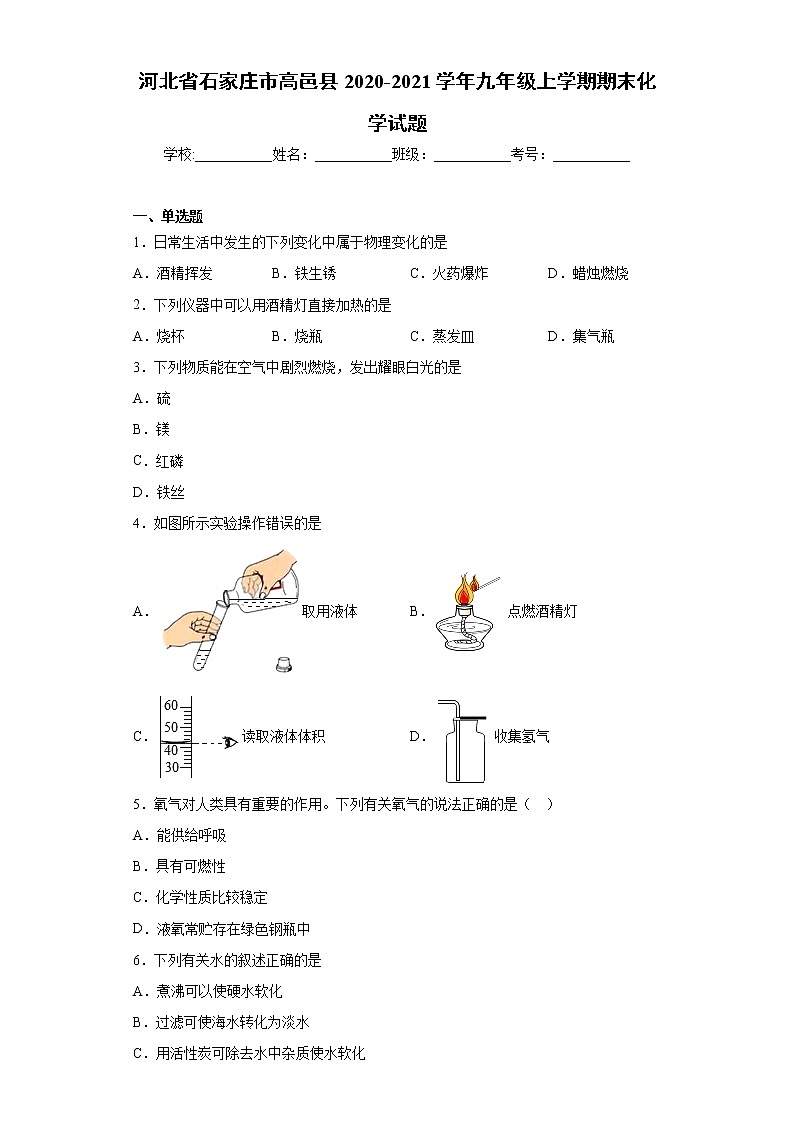 2020-2021学年河北省石家庄市高邑县九年级上学期期末化学试题（含答案与解析）01