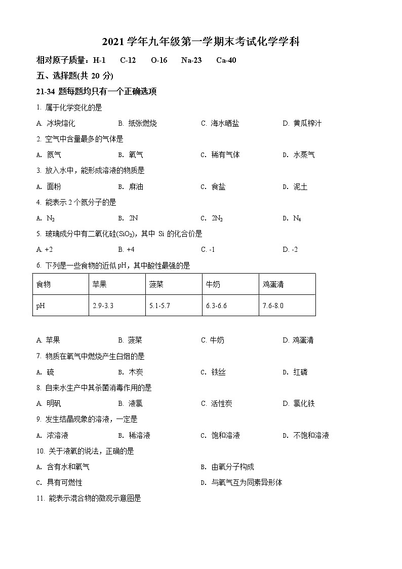 2022年上海市松江区中考一模化学试题 带详解01
