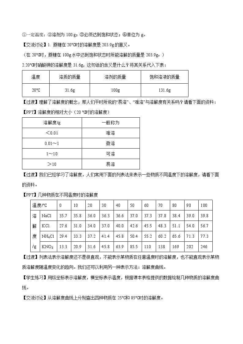 第九单元 课题2 溶解度（第2课时） 教案 初中化学人教版九年级下册（2022年）02