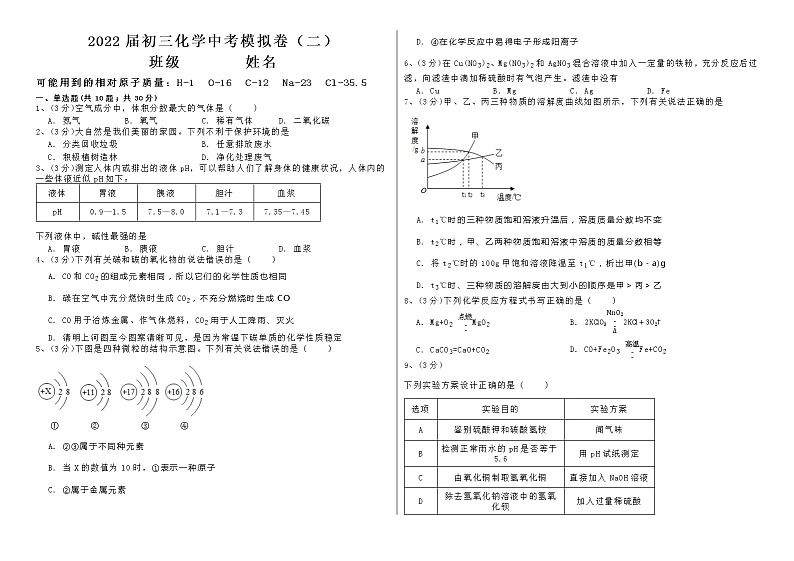 2022届初三化学中考模拟卷二01