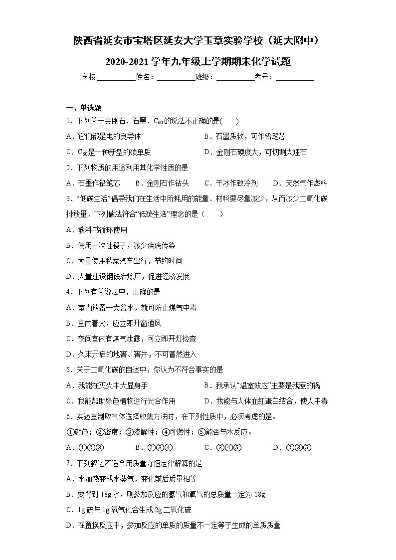 2020-2021学年陕西省延安市宝塔区延安大学玉章实验学校（延大附中）九年级上学期期末化学试题（含答案与解析）第1页