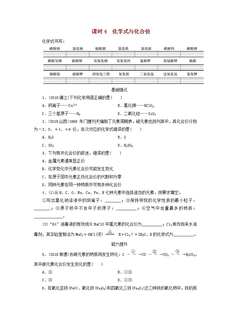 中考化学总复习第一章物质构成的秘密课时4化学式与化合价优化训练第1页