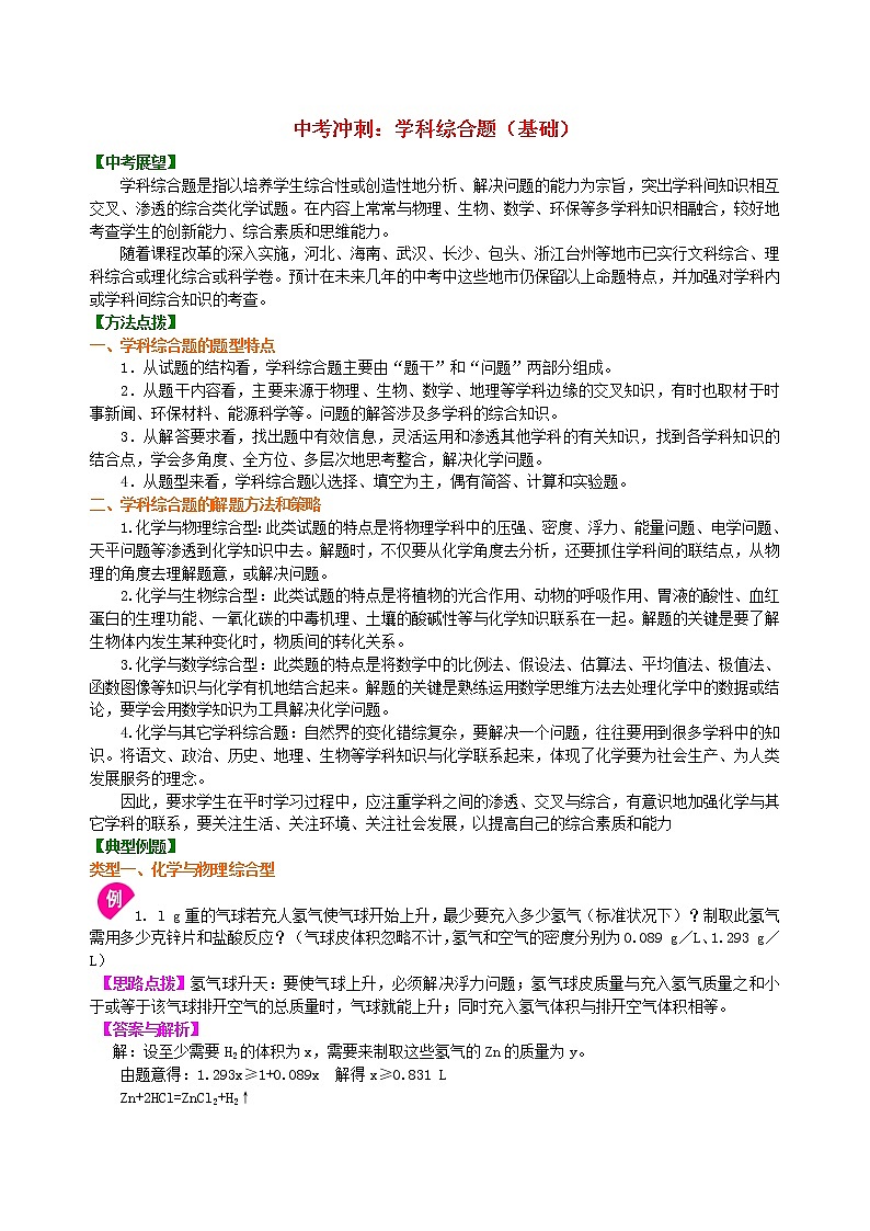 中考化学总复习学科综合题基础知识讲解学案第1页