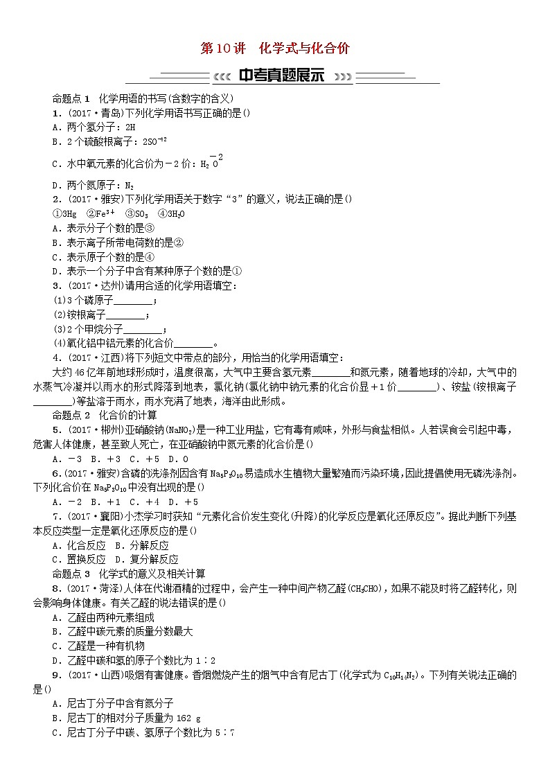 中考化学一轮复习主题二物质构成的奥秘第10讲化学式与化合价练习第1页