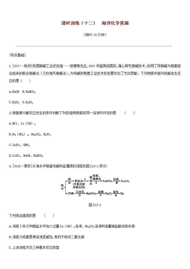 中考化学一轮复习第八单元海水中的化学课时训练12海洋化学资源练习鲁教版第1页