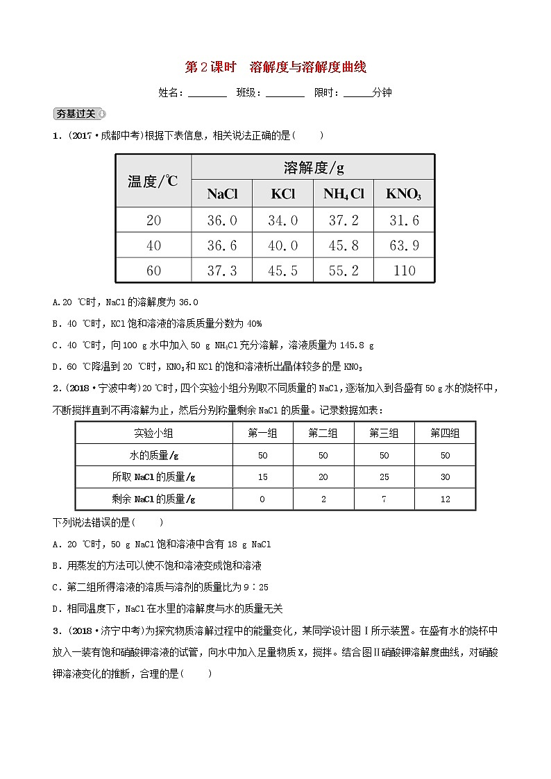 山东专版中考化学总复习第七讲溶液第2课时溶解度与溶解度曲线练习五四制第1页