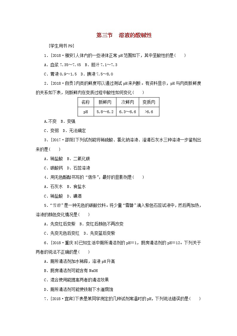 九年级化学下册第七单元常见的酸和碱第三节溶液的酸碱性练习鲁教版第1页