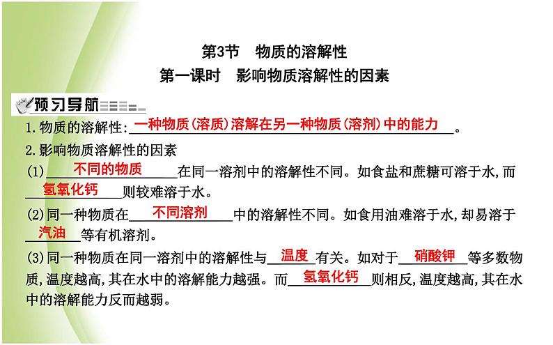 九年级化学下册第6章溶解现象第3节物质的溶解性第1课时影响物质溶解性的因素课件沪教版第1页