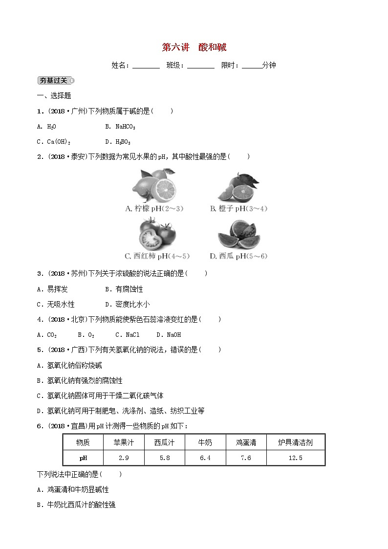 河北省中考化学一轮复习第六讲酸和碱练习第1页