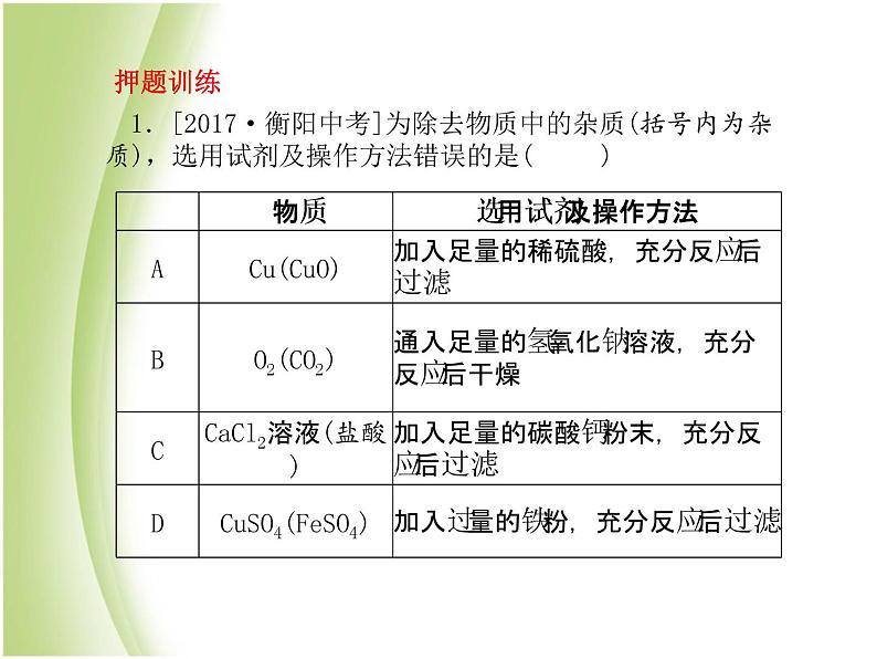 菏泽专版中考化学总复习第二部分专题复习高分保障专题3混合物的分离与除杂课件新人教版07