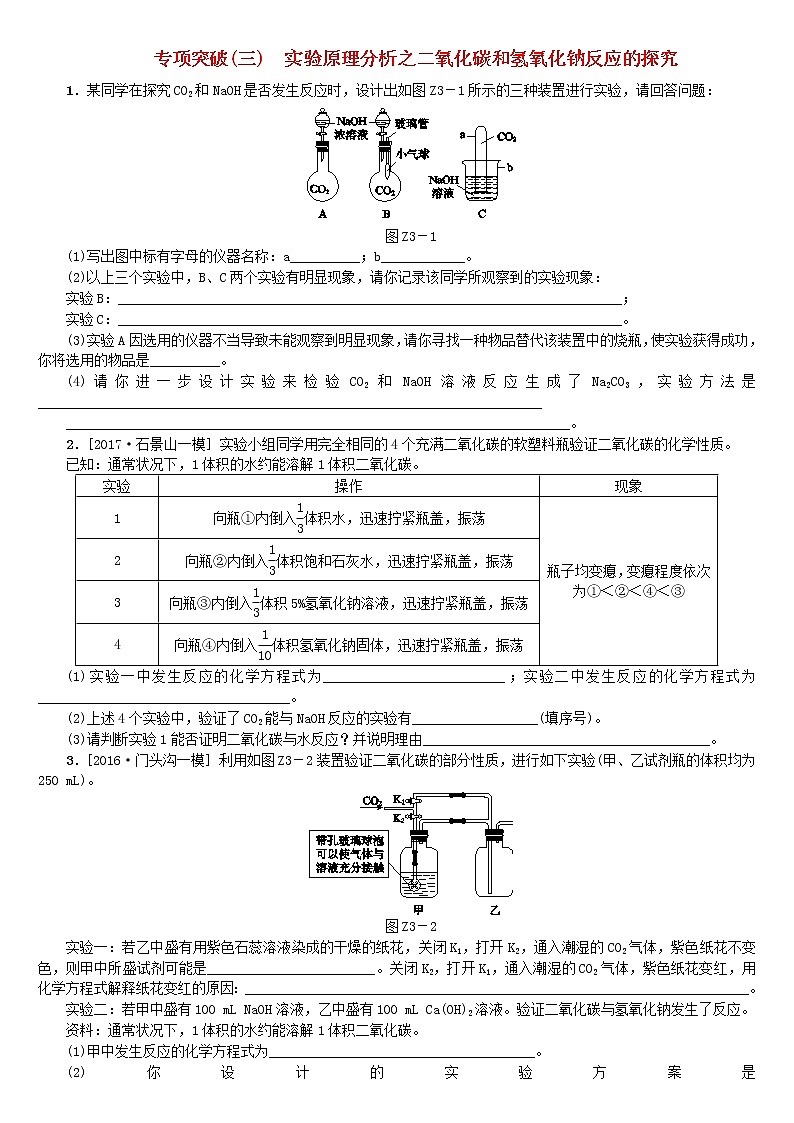 北京专版中考化学基础复习专项突破三实验原理分析之二氧化碳和氢氧化钠反应的探究练习01