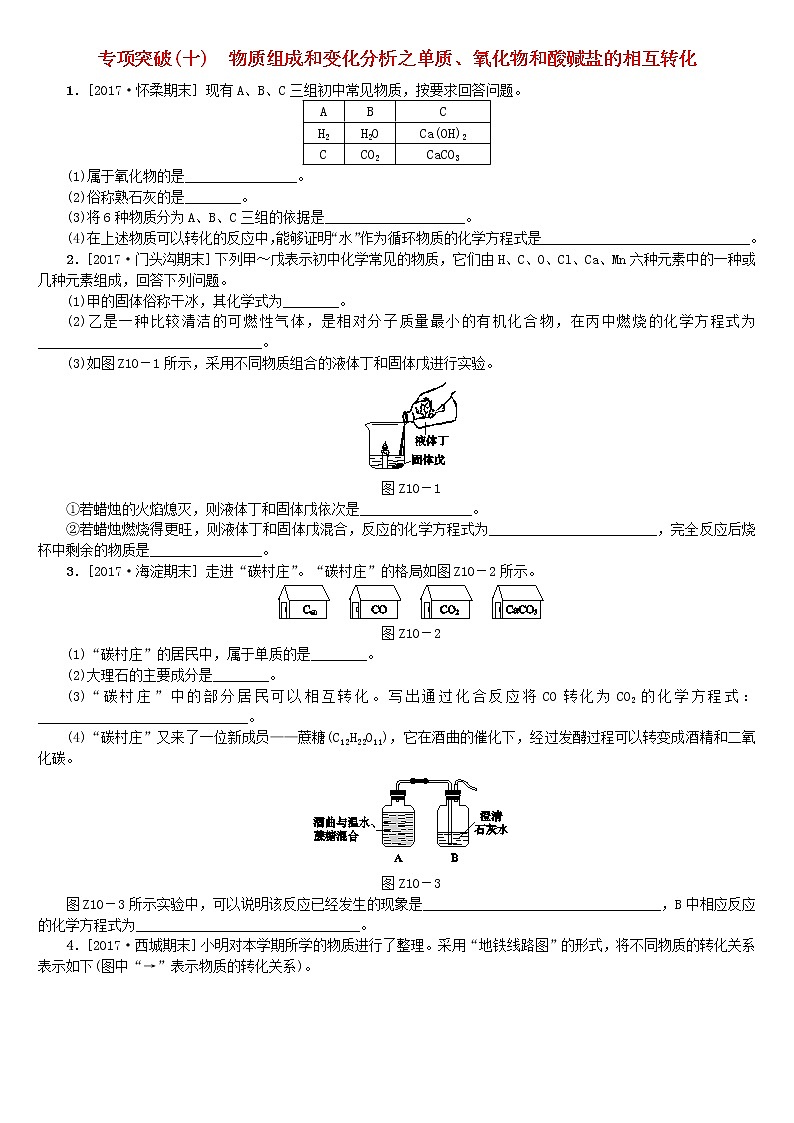 北京专版中考化学基础复习专项突破十物质组成和变化分析之单质氧化物和酸碱盐的相互转化练习01