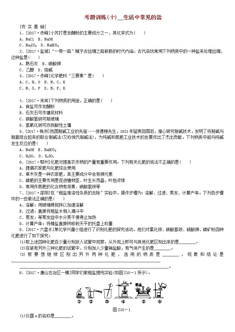 河北专版中考化学复习考题训练十生活中常见的盐第1页