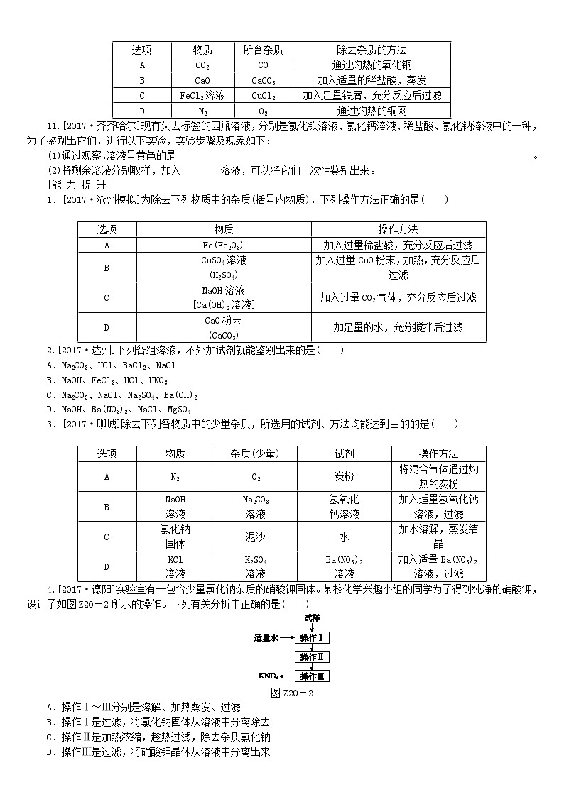 河北专版中考化学复习考题训练二十物质的检验鉴别与分离02
