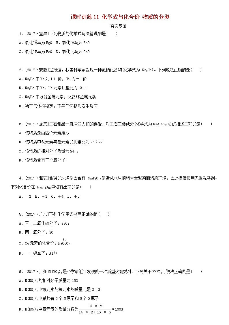 湖南省中考化学复习课时训练11化学式与化合价物质的分类练习第1页