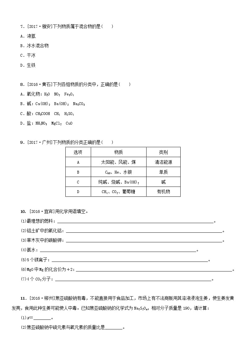 湖南省中考化学复习课时训练11化学式与化合价物质的分类练习第2页