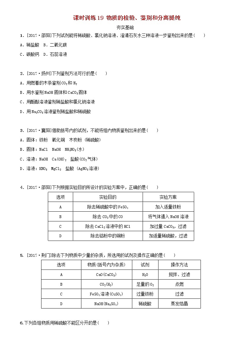 湖南省中考化学复习课时训练19物质的检验鉴别和分离提纯练习第1页