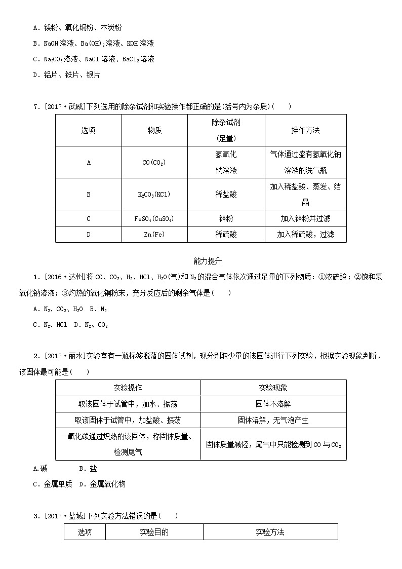 湖南省中考化学复习课时训练19物质的检验鉴别和分离提纯练习第2页