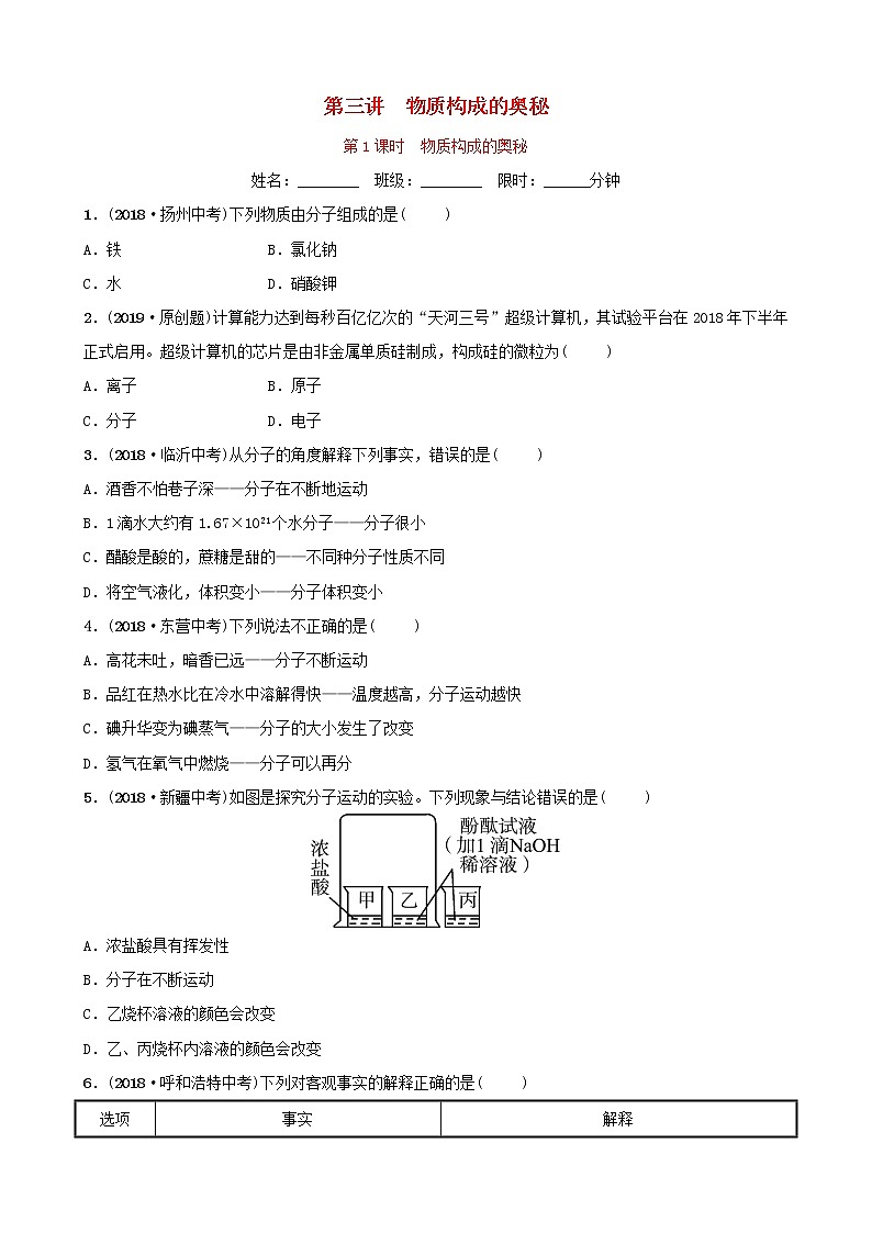 山东专版中考化学总复习第三讲物质构成的奥秘第1课时物质构成的奥秘练习五四制第1页