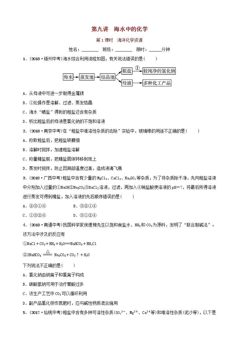 山东专版中考化学总复习第九讲海水中的化学第1课时海洋化学资源练习五四制第1页