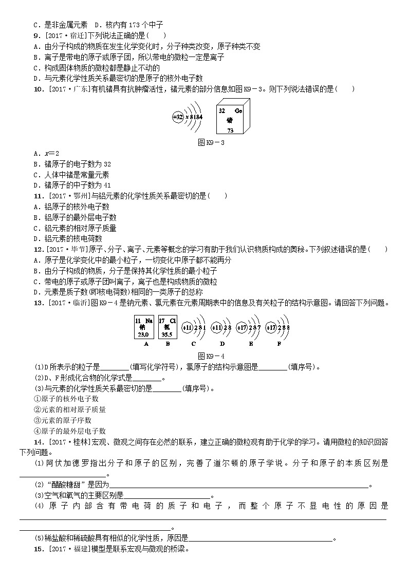 山西专版中考化学复习方案课时训练九构成物质的微粒元素02