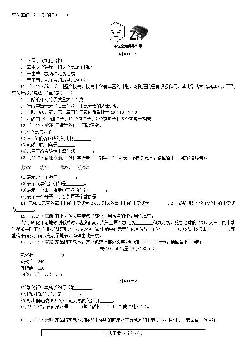 山西专版中考化学复习方案课时训练十一化学式化合价第2页