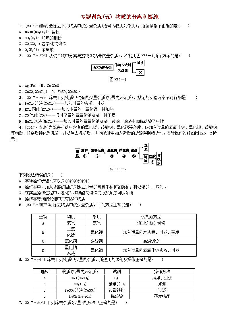 山西专版中考化学复习方案专题训练五物质的分离和提纯第1页