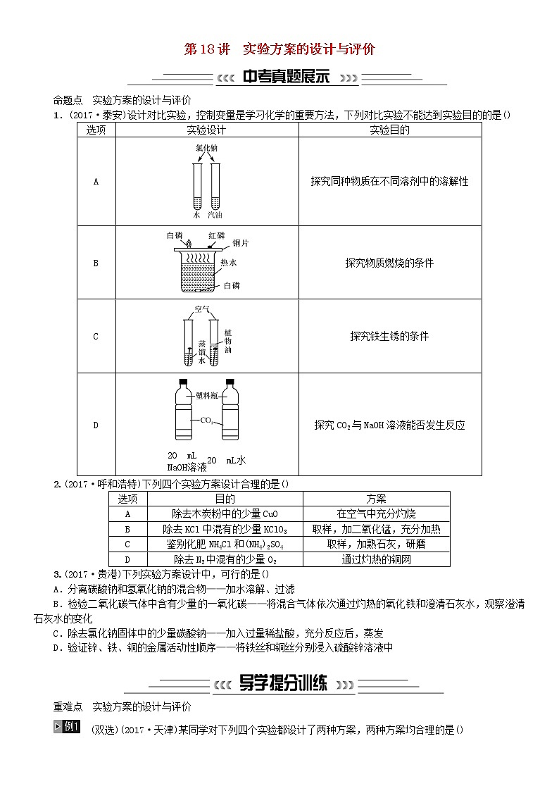 中考化学一轮复习主题五科学探究第18讲实验方案的设计与评价练习第1页