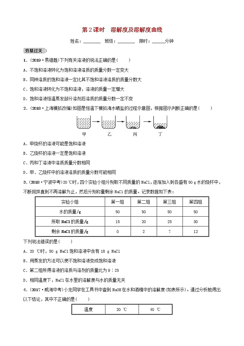 山东诗营市初中化学学业水平考试总复习第九单元溶液第2课时溶解度及溶解度曲线练习第1页