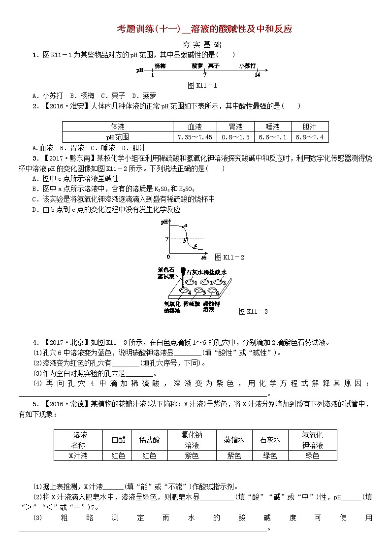 中考化学复习方案考题训练十一溶液的酸碱性及中和反应练习新版鲁教版第1页