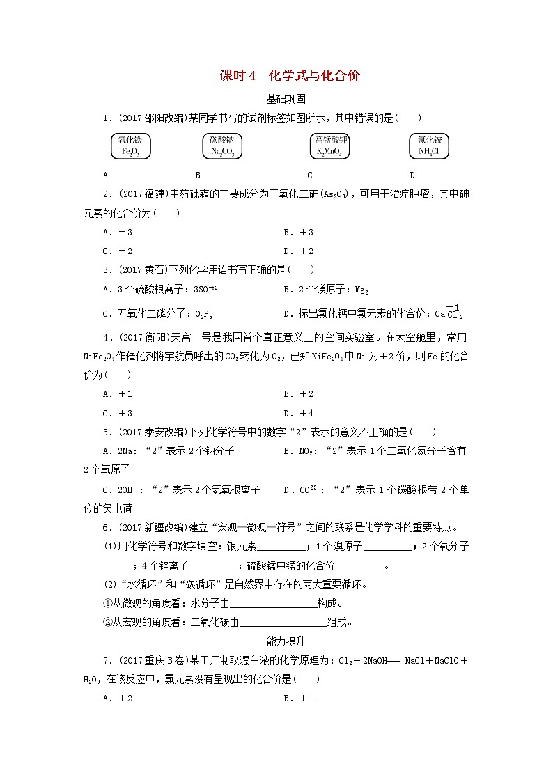 广东省中考化学总复习课时4化学式与化合价练习第1页