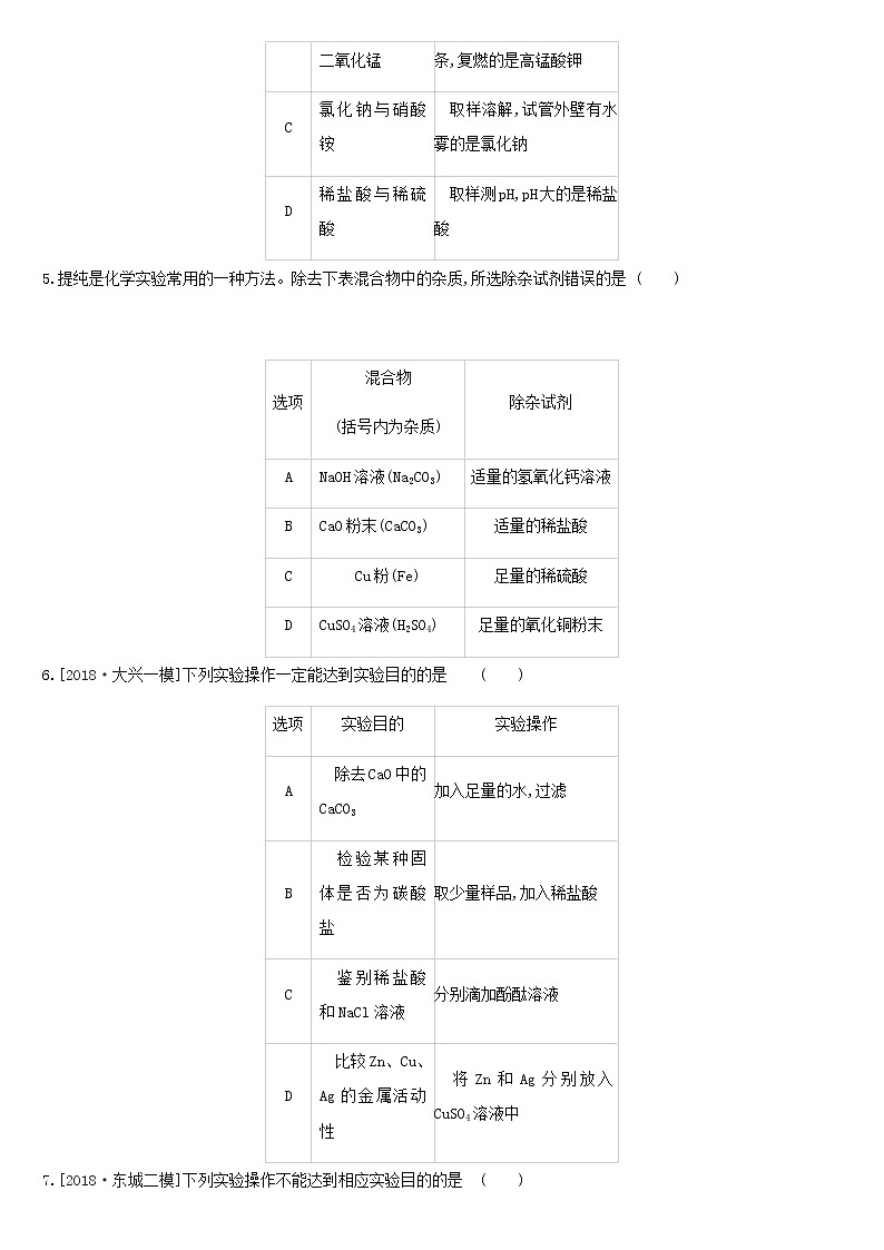 北京市中考化学总复习五科学探究课时训练15物质的检验与鉴别分离与提纯练习第2页