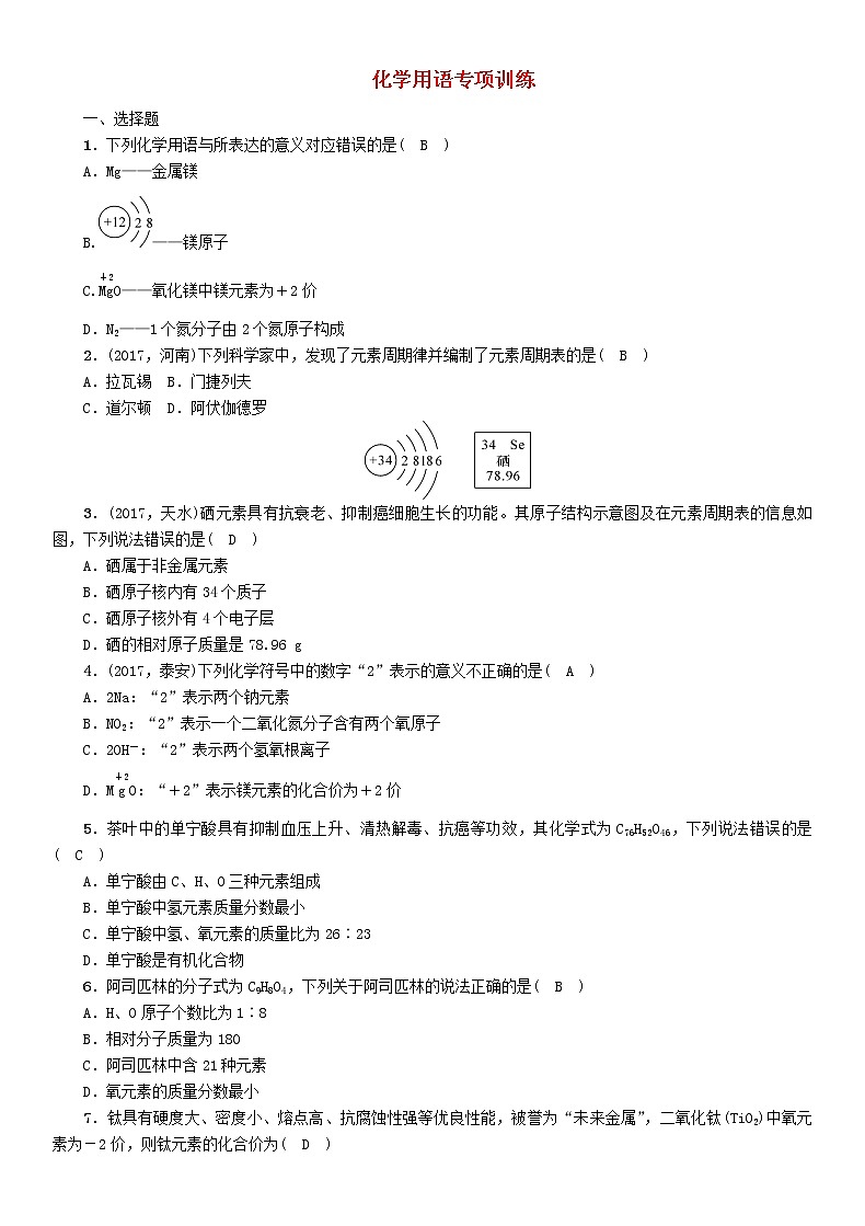 遵义专版中考化学总复习教材知识梳理化学用语专项训练练习第1页