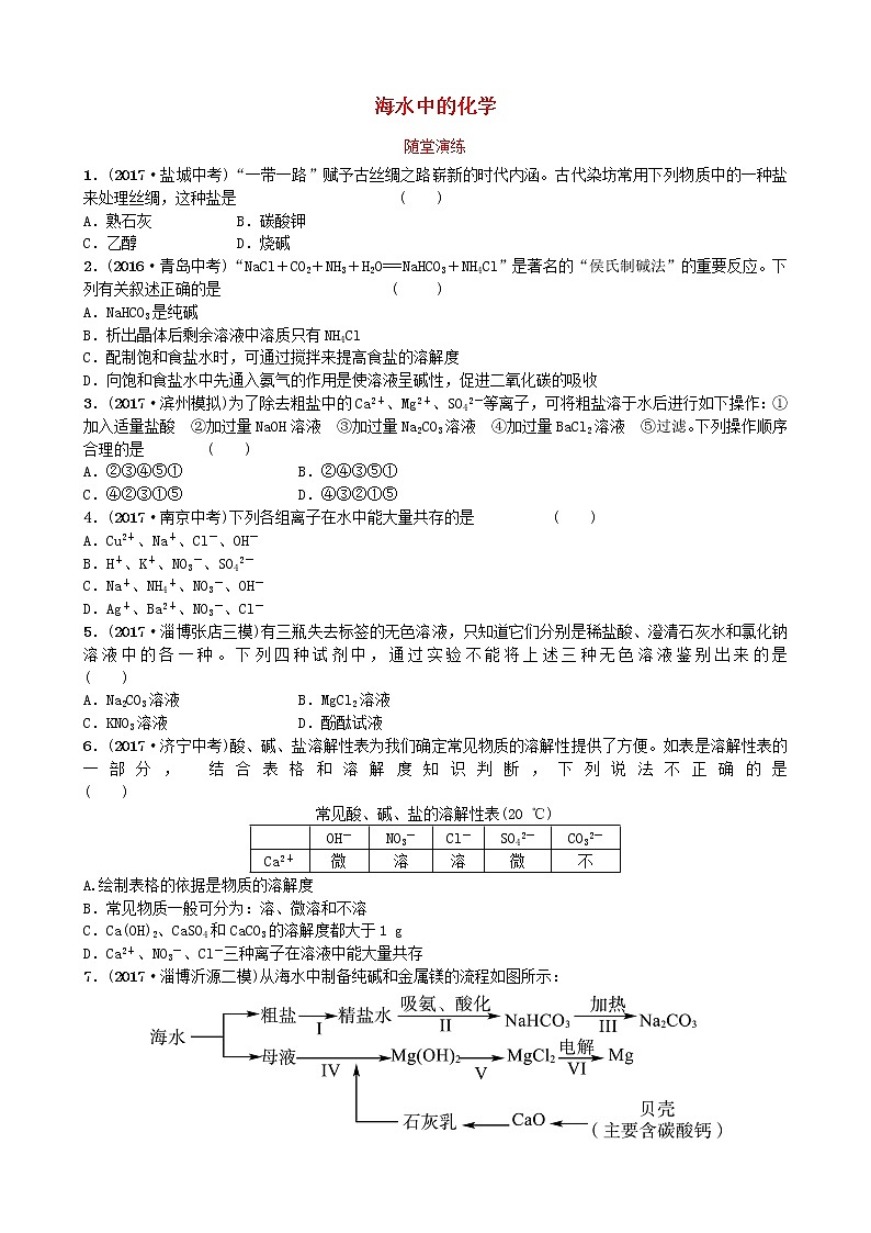 淄博专版中考化学复习九第三单元海水中的化学随堂演练鲁教版01
