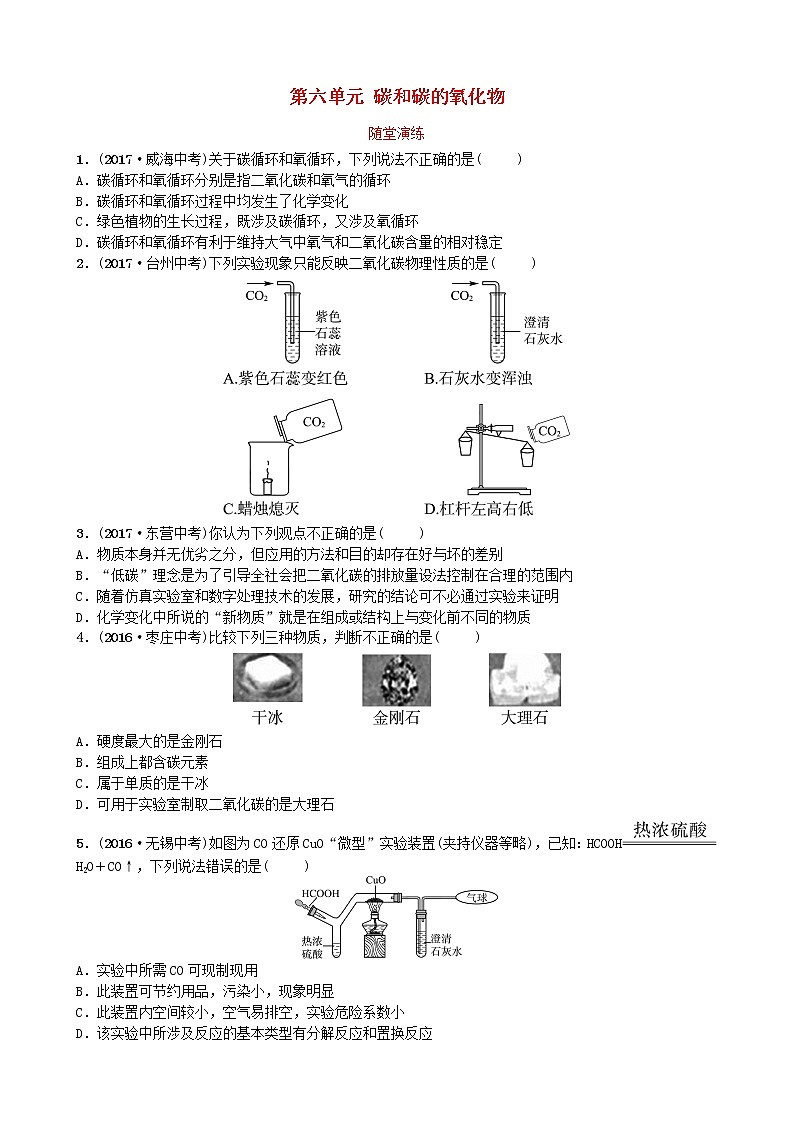 山东省临沂市中考化学复习第六单元碳和碳的氧化物随堂演练练习第1页