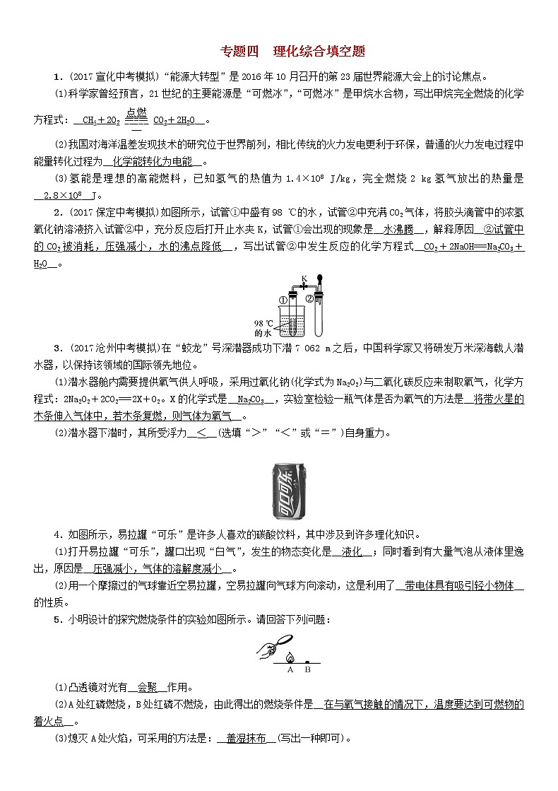 河北专版中考化学复习重点题型突破篇专题4理化综合填空题精练练习第1页