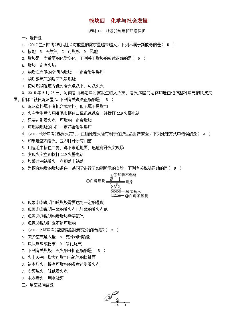 河北专版中考化学复习教材知识梳理模块四化学与社会发展课时14能源的利用和环境保护练习01