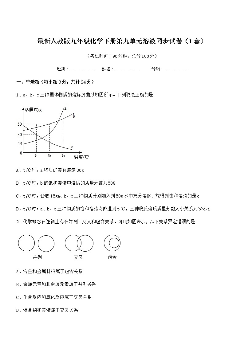 2022学年最新人教版九年级化学下册第九单元溶液同步试卷（1套）第1页