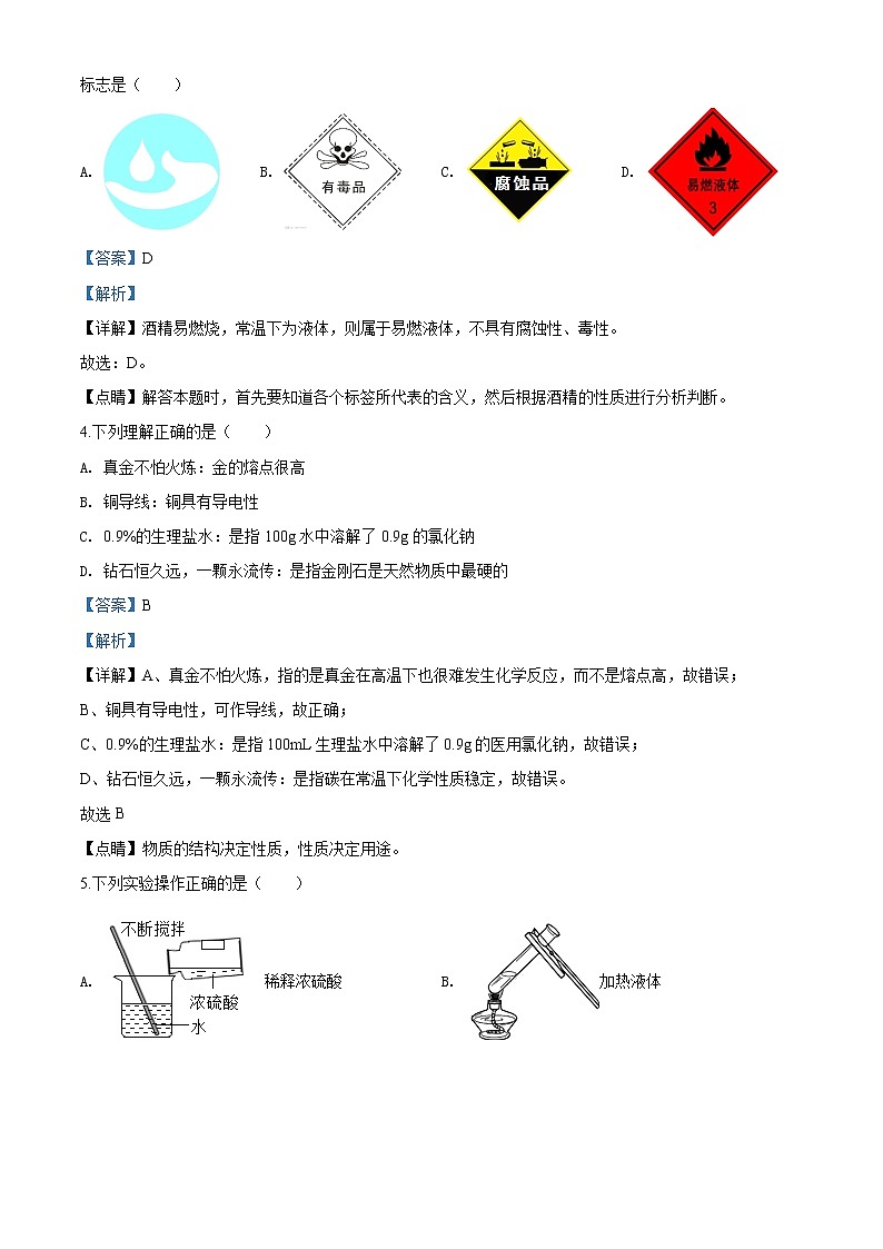 精品解析：2020年4月江苏省盐城市东台市双语学校中考一模化学试题（解析版+原卷版）02