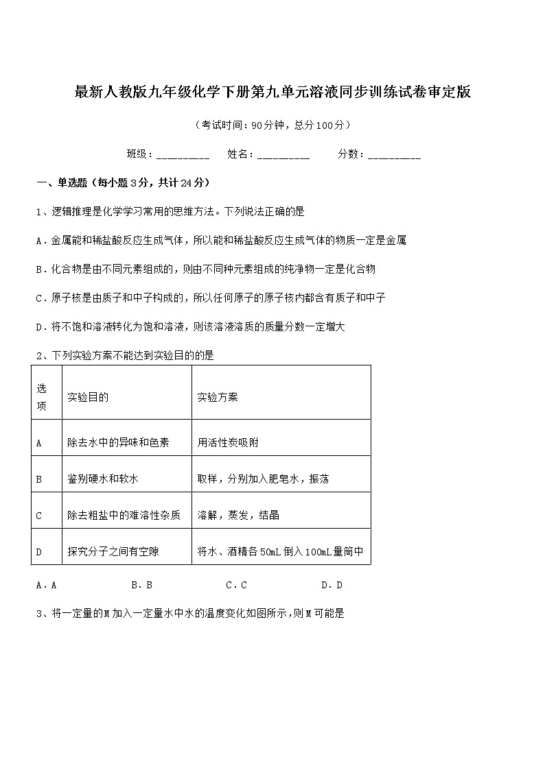 2022年最新人教版九年级化学下册第九单元溶液同步训练试卷审定版01