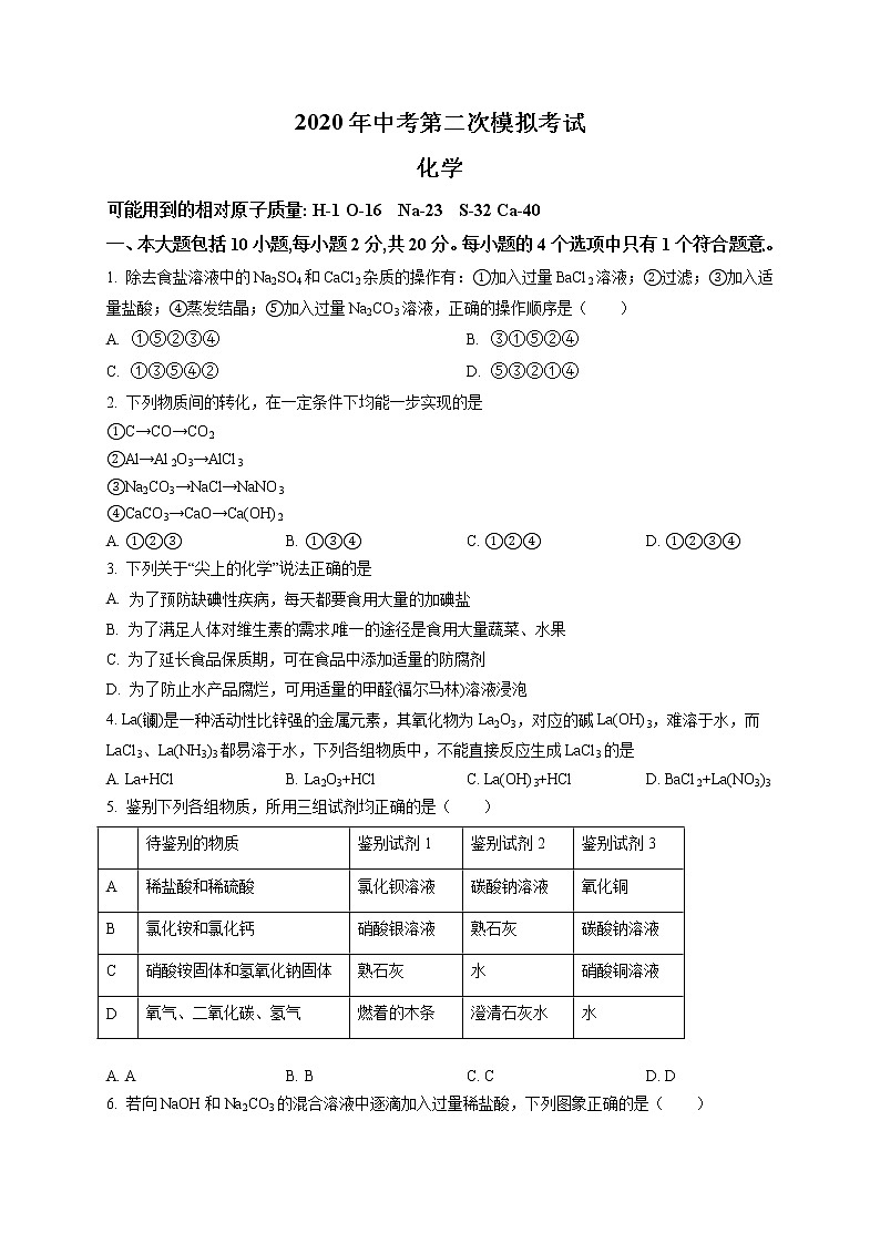 精品解析：2020年山东省烟台市莱州市中考二模化学试题（解析版+原卷版）01