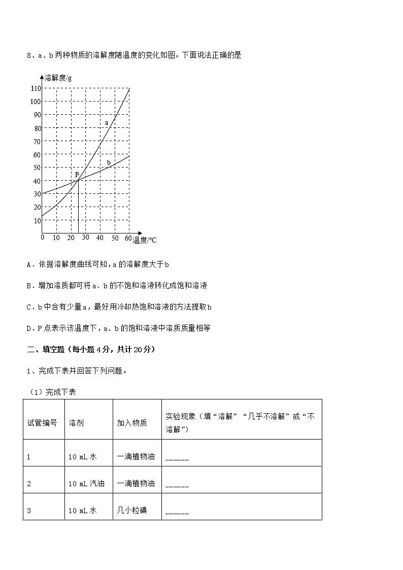 2021-2022年度最新人教版九年级化学下册第九单元溶液期中复习试卷（学生用）第3页