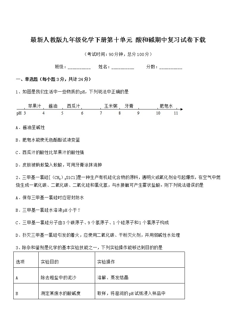 2021年度最新人教版九年级化学下册第十单元 酸和碱期中复习试卷下载第1页