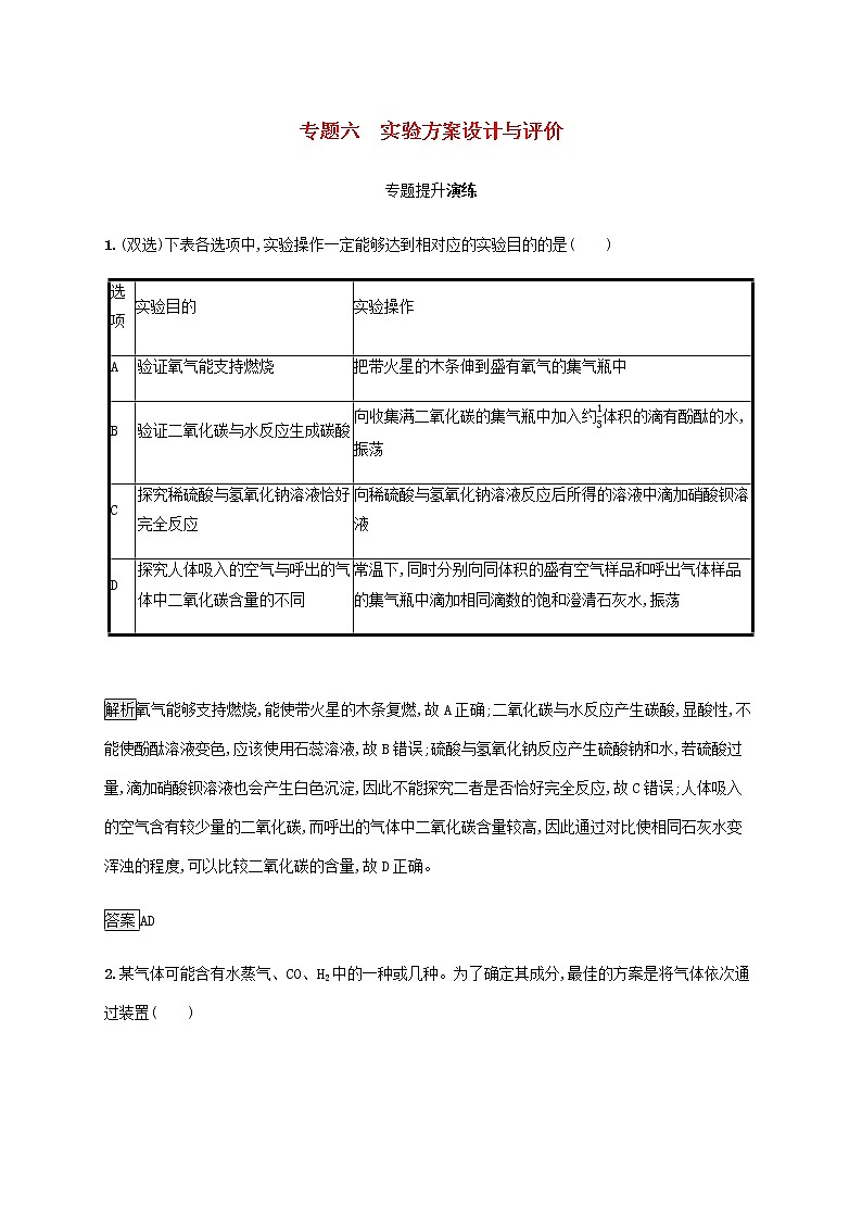 中考化学总复习优化设计专题综合突破专题六实验方案设计与评价专题提升演练第1页
