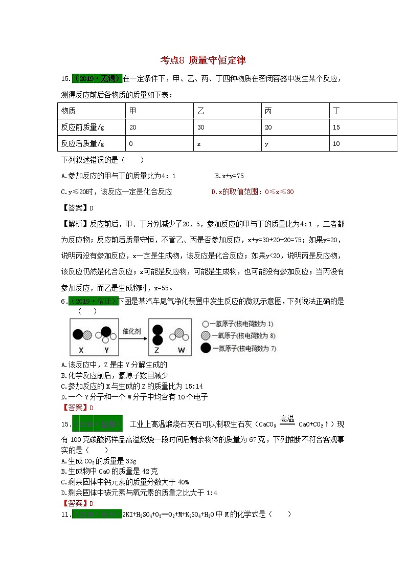 江苏省专版中考化学试题分类汇编考点8质量守恒定律含解析01