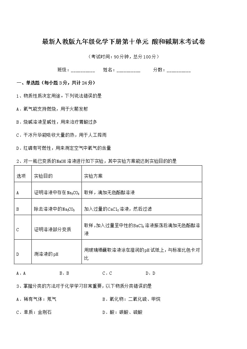 2022年度最新人教版九年级化学下册第十单元 酸和碱期末考试卷第1页