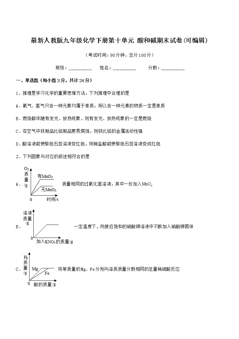 2021学年最新人教版九年级化学下册第十单元 酸和碱期末试卷(可编辑)第1页