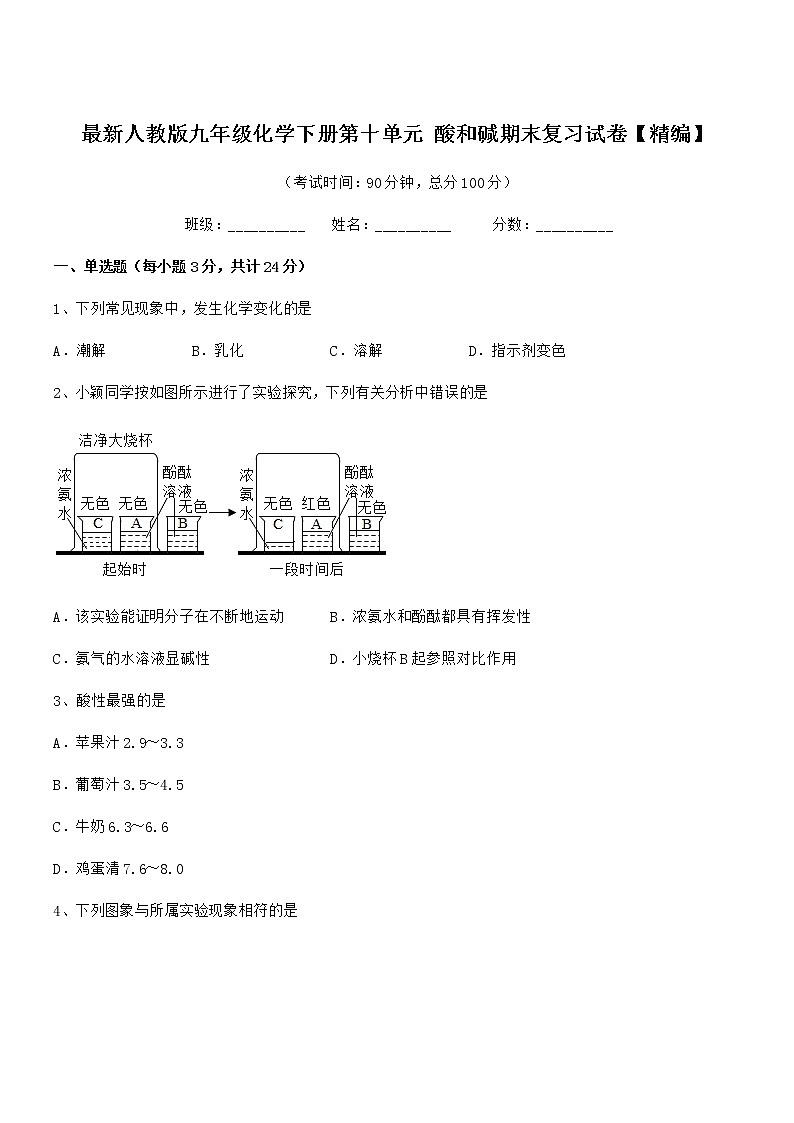 2021学年最新人教版九年级化学下册第十单元 酸和碱期末复习试卷【精编】第1页