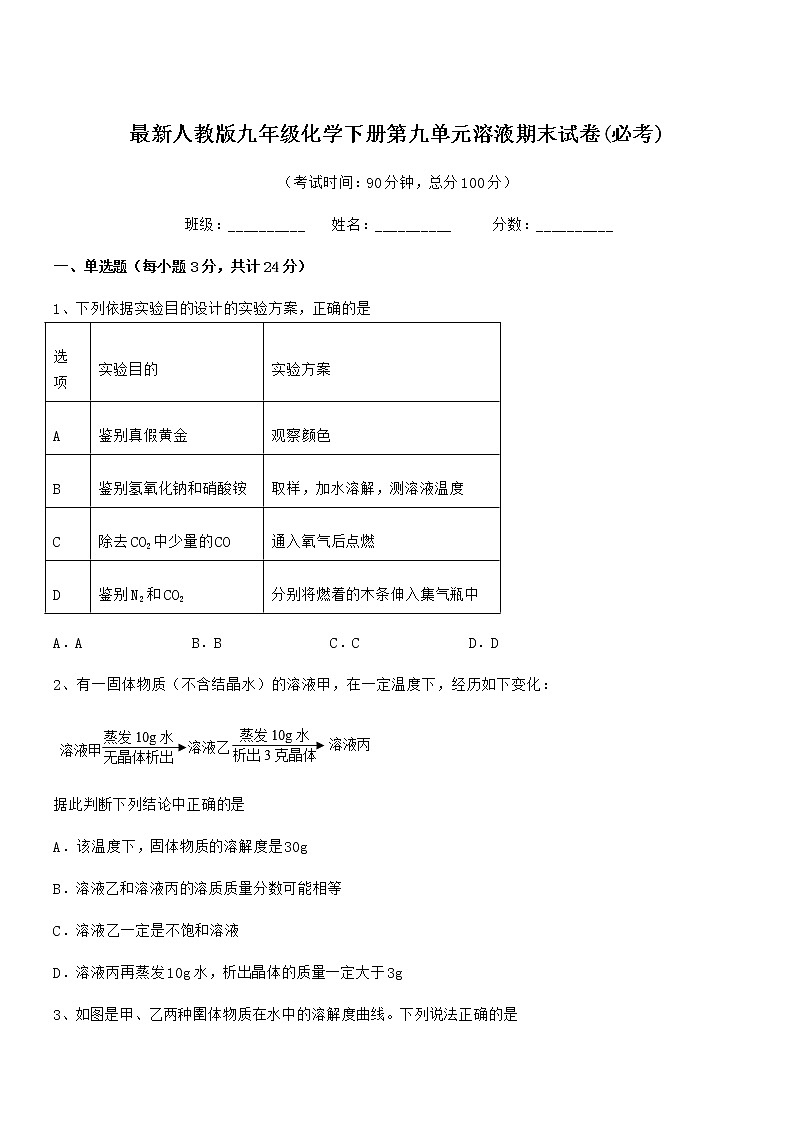 2021学年最新人教版九年级化学下册第九单元溶液期末试卷(必考)第1页