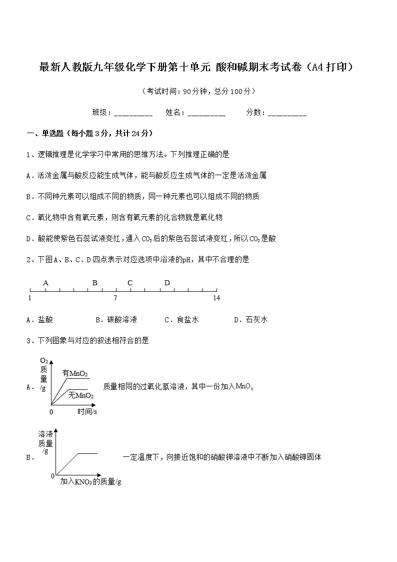 2021年度最新人教版九年级化学下册第十单元 酸和碱期末考试卷（A4打印）第1页